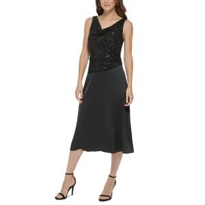 DKNY Sequin and Satin Sleeveless A-Line Midi Cocktail Dress Black Size 4